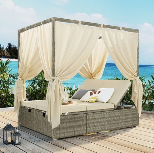 Adjustable Outdoor Sunbed with Cushions & Canopy